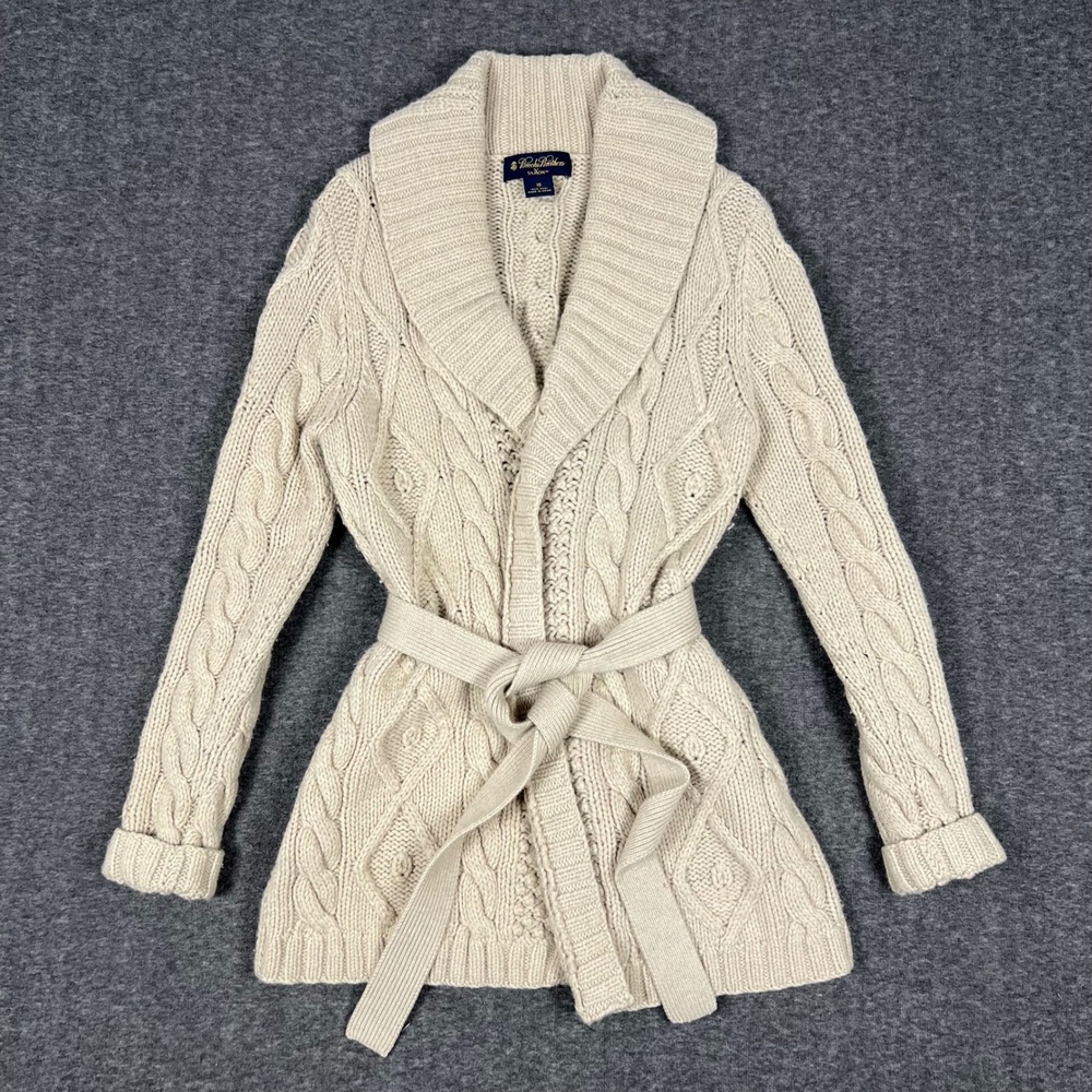 Brooks Brothers Saxxon Cable Knit Cardigan Women XS Cream Wool Oatmeal Old Money